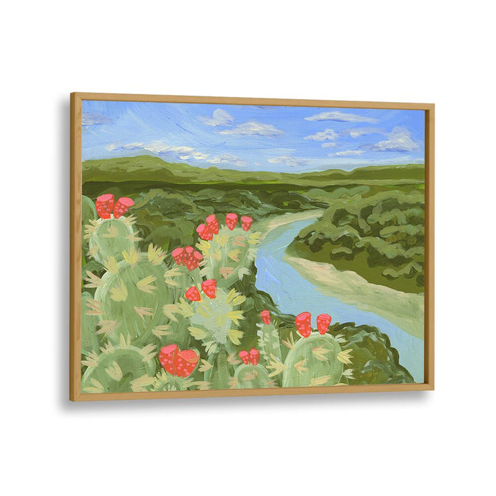 Vibrant AUSTIN HILL, LANDSCAPE PAINTINGS featuring cacti and a serene river scene, perfect for home decor.