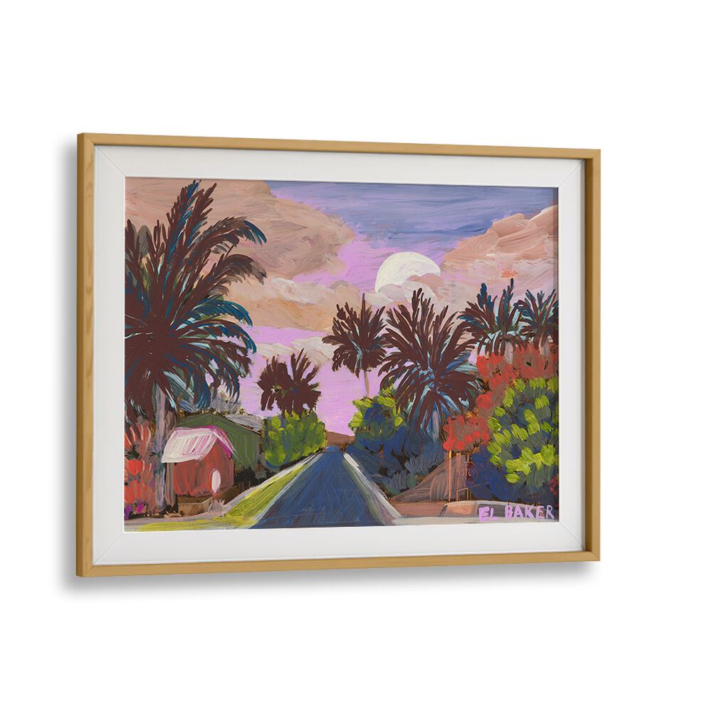 Vibrant COUNTRY ROAD, LANDSCAPE PAINTINGS showcasing a serene sunset and lush palms, perfect for any home decor.