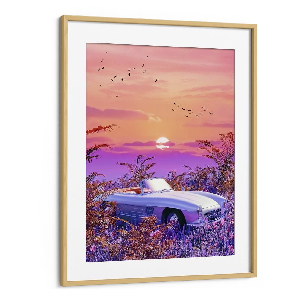 Vintage Paradise, Surreal Art Prints feature a dreamy car scene with vibrant colors and nature's beauty by Ritvik Takkar.