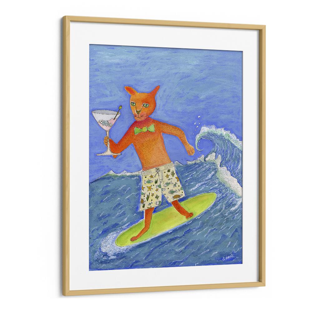 Colorful artwork of Surfing Cocktail Cat by Sharyn Bursic, perfect for adding a fun touch to any space.