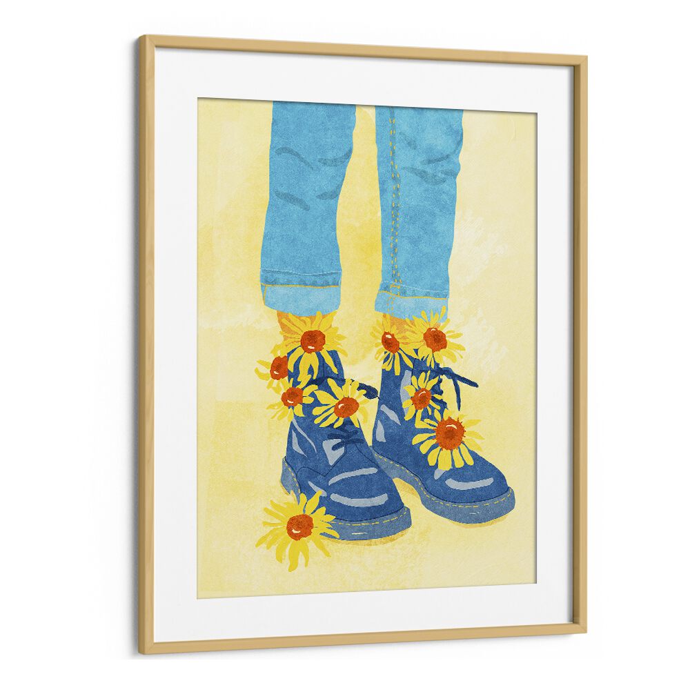 Bright blue boots adorned with sunflowers complement vibrant hues in the SUNFLOWER WALK, FASHION POSTERS collection.