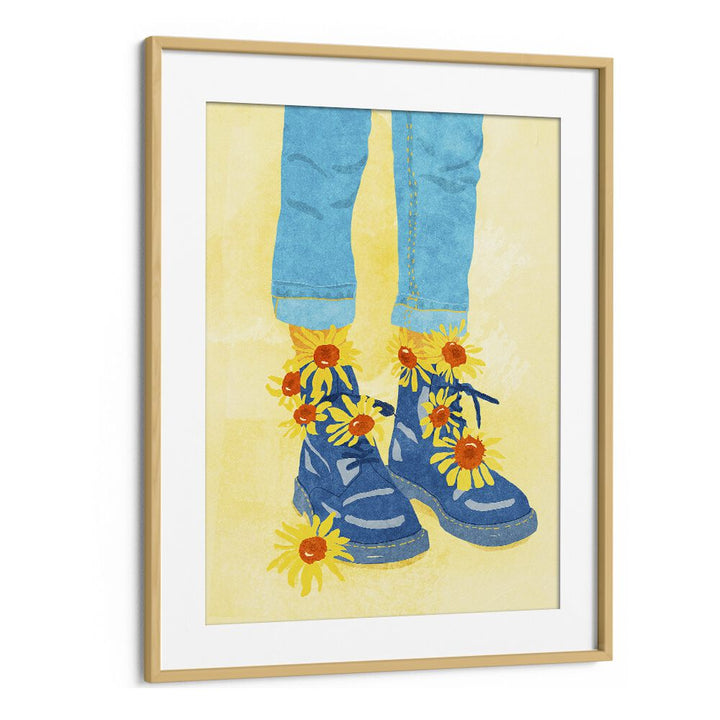 Bright blue boots adorned with sunflowers complement vibrant hues in the SUNFLOWER WALK, FASHION POSTERS collection.