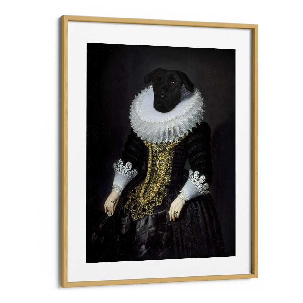 Elegantly framed ANOUK, ANIMAL PAINTINGS showcase a dog in historical attire, perfect for wildlife art lovers.