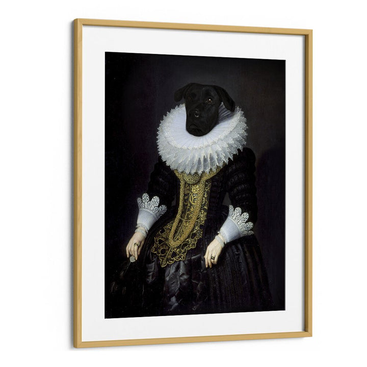 Elegantly framed ANOUK, ANIMAL PAINTINGS showcase a dog in historical attire, perfect for wildlife art lovers.
