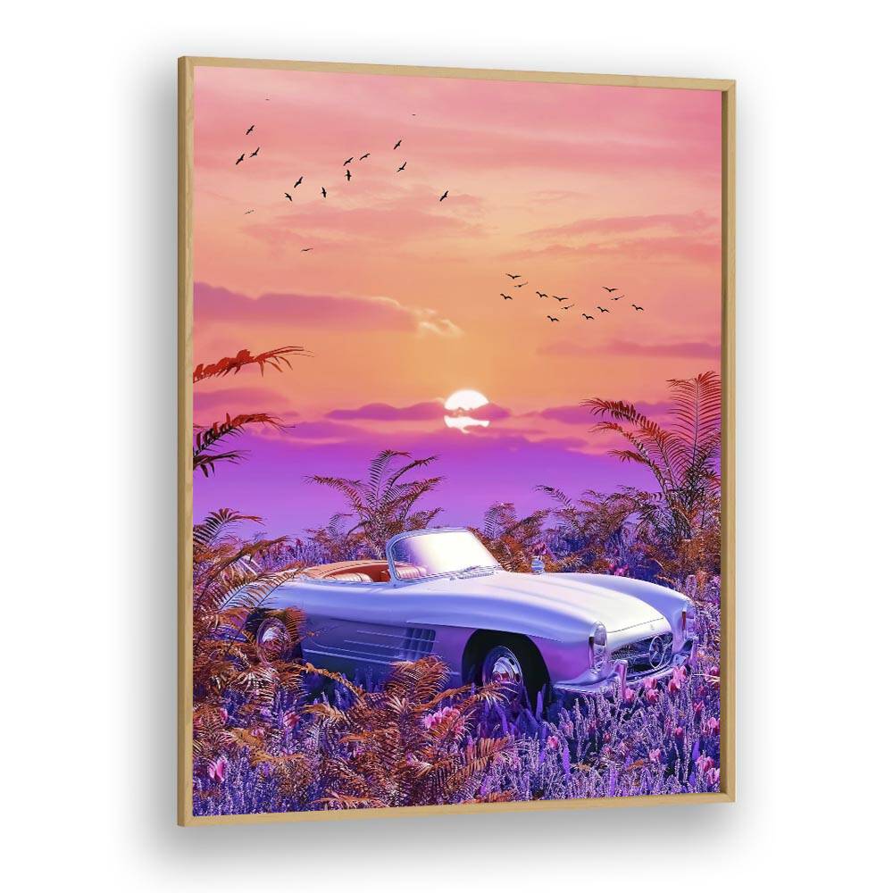 VINTAGE PARADISE, SURREAL ART PRINTS features a dreamy sunset with a vintage car amidst vibrant foliage.