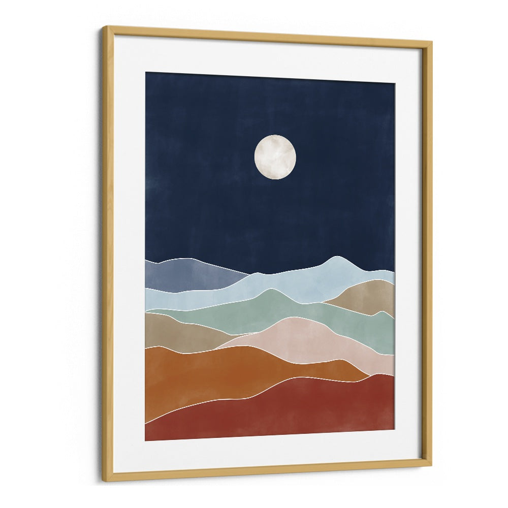 Elegant WOODEN STREET, LANDSCAPE PAINTINGS featuring serene mountains and moonlit sky by Elena Ristova. Perfect for decor.