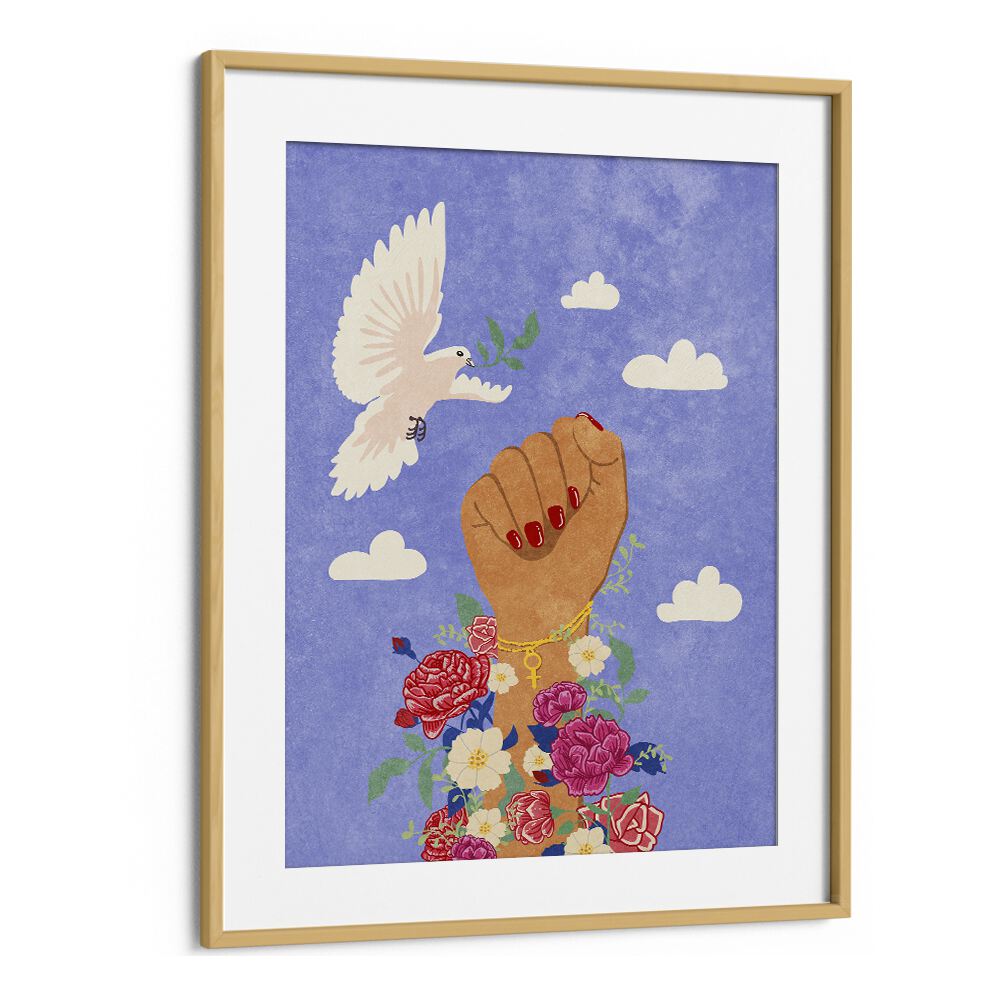 FEMINIST FIST, FASHION POSTERS by Raissa Oltmanns, showcasing empowerment with vibrant art and flowers against a blue backdrop.