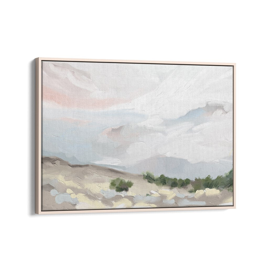 Serene 'Over the Dunes' landscape paintings in an oak wood floater frame, showcasing nature's beauty and tranquility.