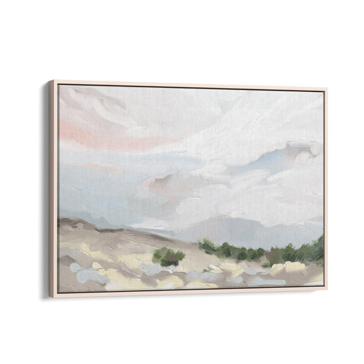 Serene 'Over the Dunes' landscape paintings in an oak wood floater frame, showcasing nature's beauty and tranquility.