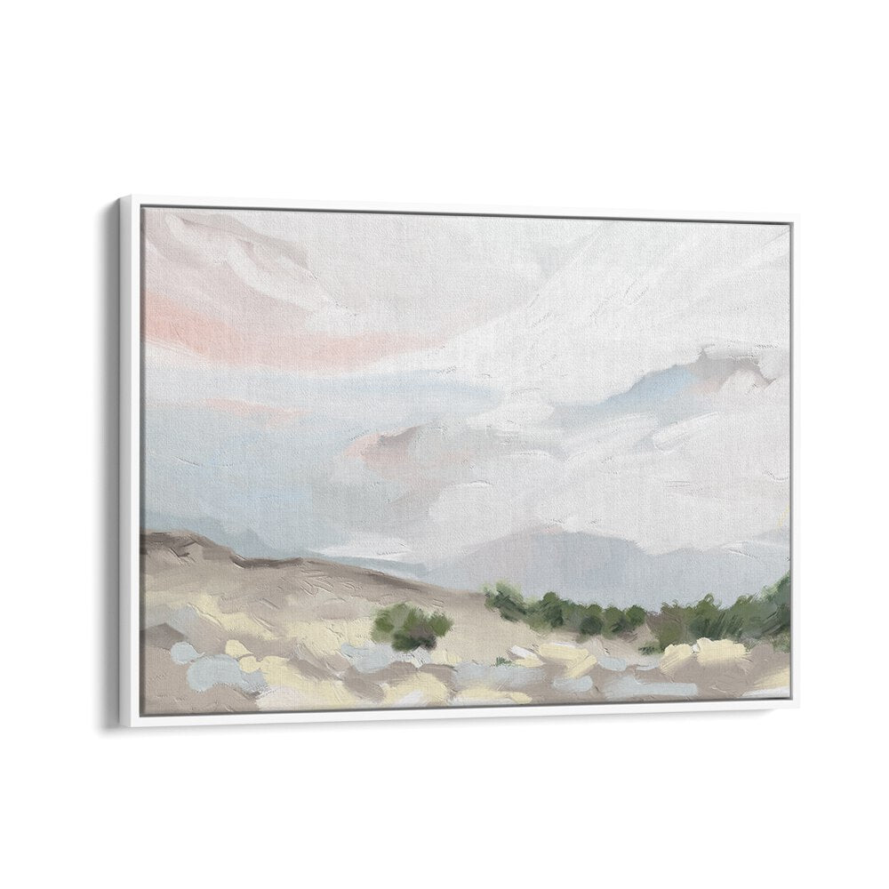 Serene 'Over the Dunes' landscape paintings in a white floater frame, showcasing nature's beauty and tranquility.
