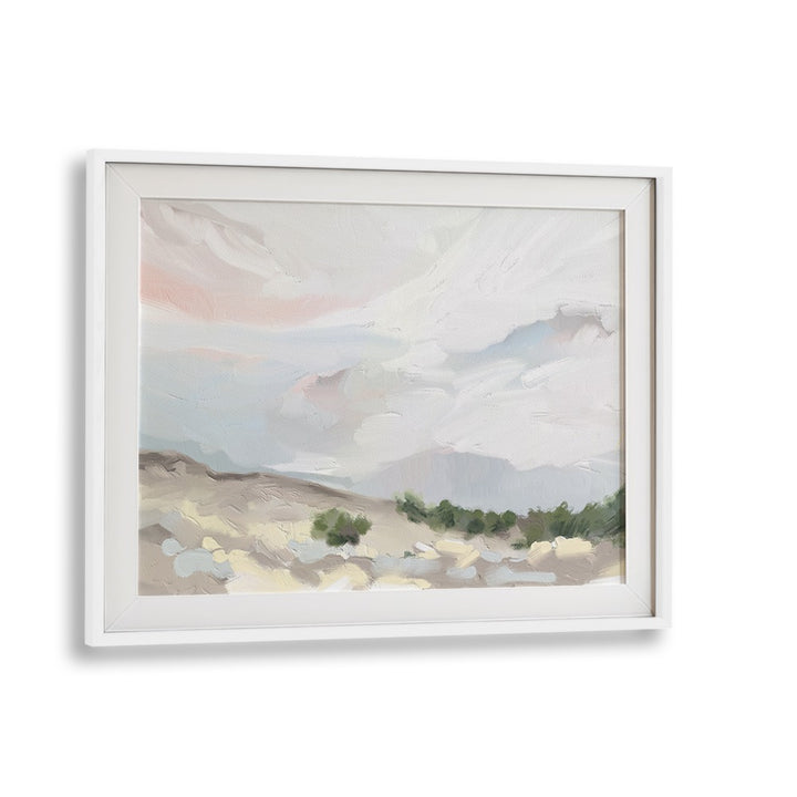 Serene 'Over the Dunes' landscape paintings in a white frame, capturing nature's beauty and elegance. Perfect for decor.