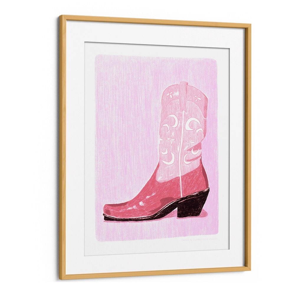 Stylish PAC COW GIRL BOOT fashion poster showcasing a pink boot, perfect for modern cowgirls. A unique decor piece!