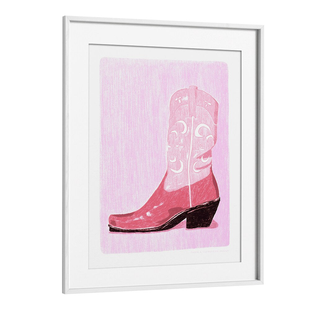 Stylish PAC COW GIRL BOOT fashion poster featuring a pink boot in a sleek white frame, perfect for modern cowgirls.