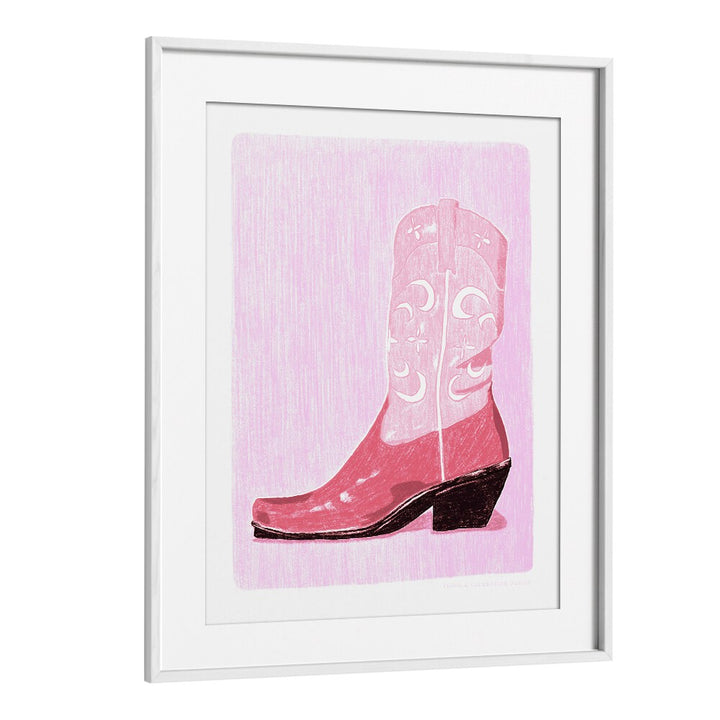 Stylish PAC COW GIRL BOOT fashion poster featuring a pink boot in a sleek white frame, perfect for modern cowgirls.