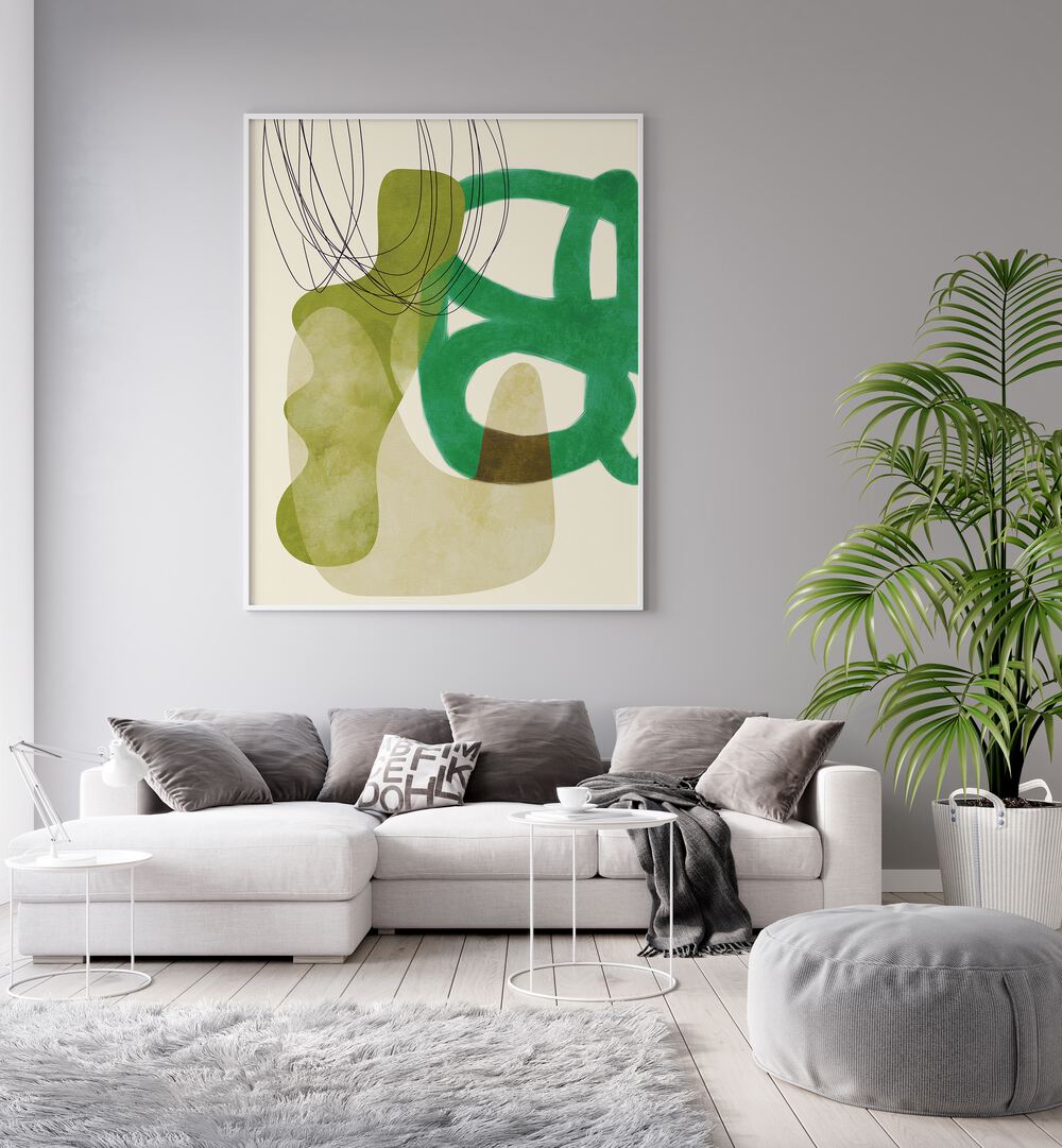 Modern living room featuring LINES GREEN TAN KOPIE, ABSTRACT PAINTINGS by Ana Rut Bre, showcasing vibrant colors and unique design.