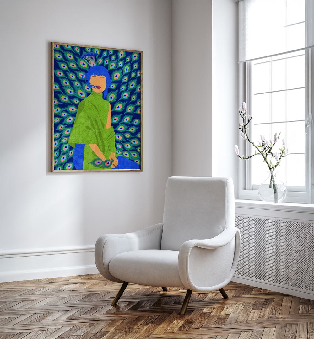 Vibrant PEACOCK WOMAN, FASHION POSTERS artwork by Raissa Oltmanns, perfect for enhancing your decor.