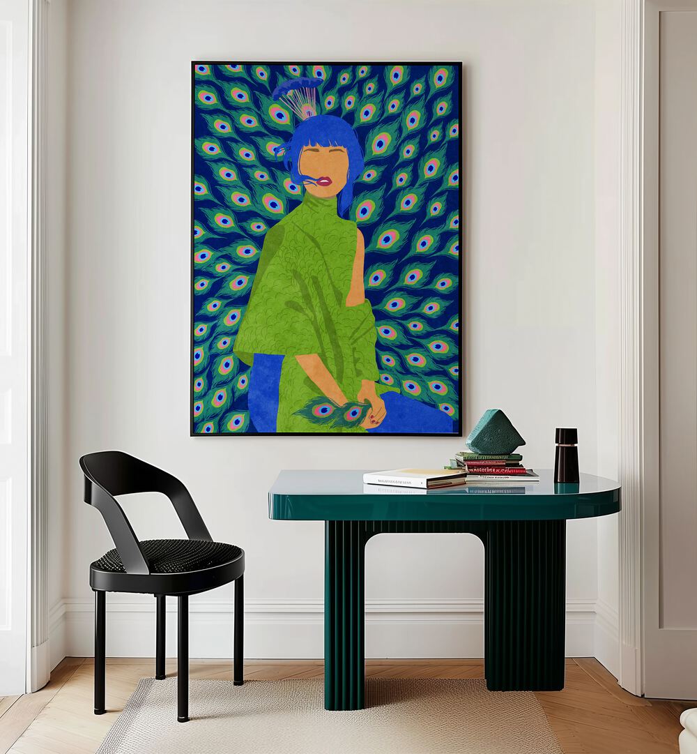 Vibrant PEACOCK WOMAN, FASHION POSTERS by Raissa Oltmanns, perfect for elevating your space with stunning art.
