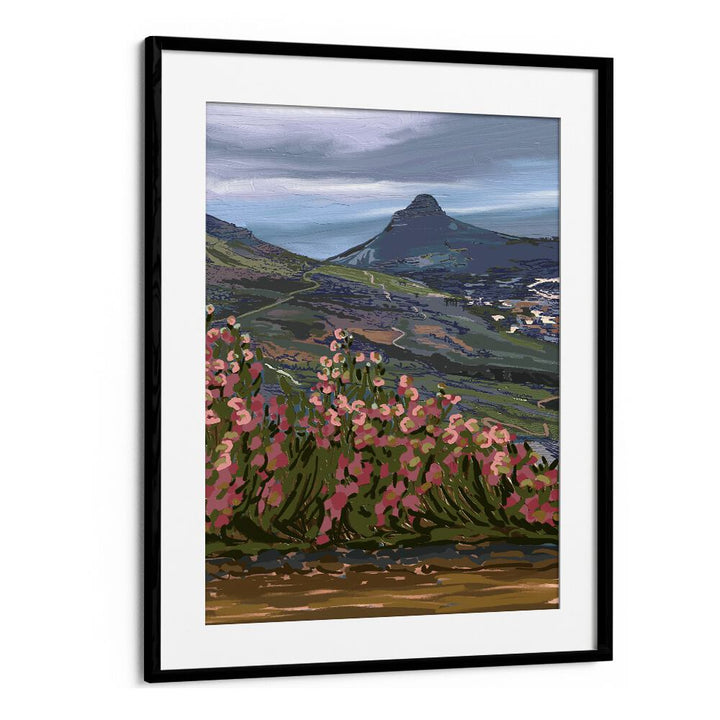 Serene landscape with floral elements in PETALS AND PEAKS II, LANDSCAPE PAINTINGS, perfect for nature lovers.