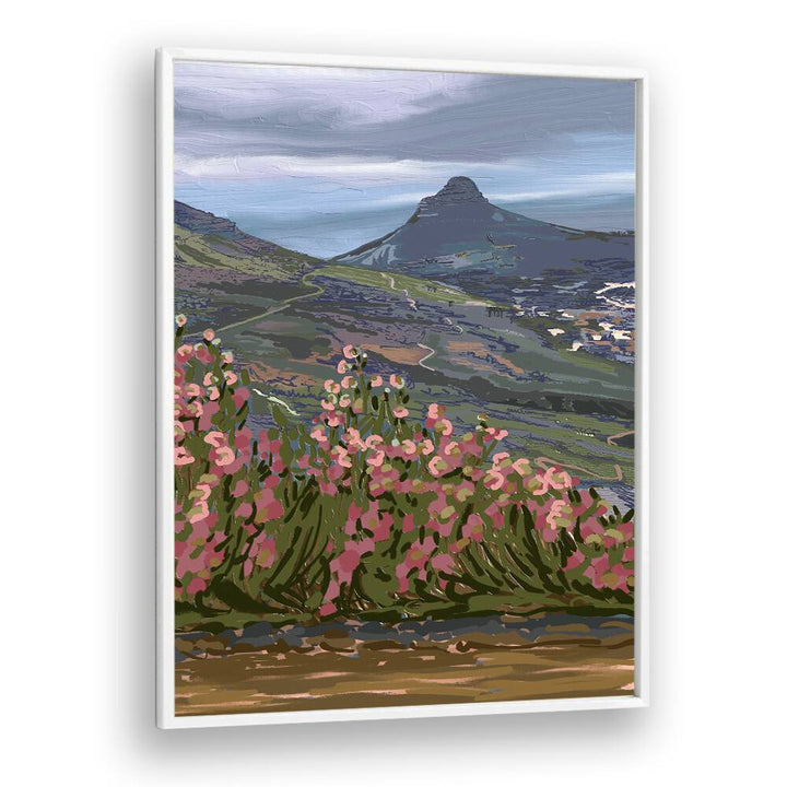 Serene PETALS AND PEAKS II, LANDSCAPE PAINTINGS showcase floral beauty and mountain views in a stylish white frame.