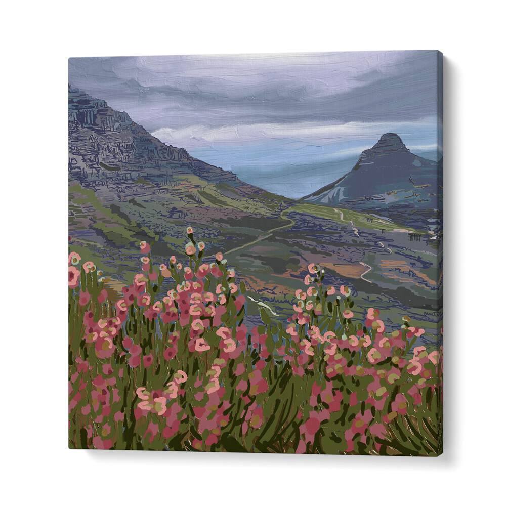 Vibrant flowers and majestic peaks unite in PETALS AND PEAKS III, LANDSCAPE PAINTINGS for serene home decor.