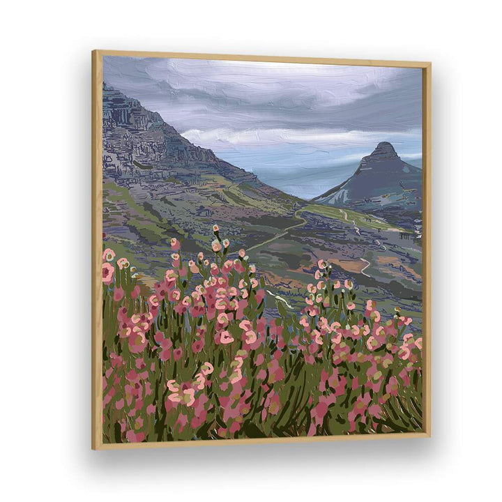 Stunning PETALS AND PEAKS III, LANDSCAPE PAINTINGS art print featuring vibrant flowers and majestic peaks in a frame.