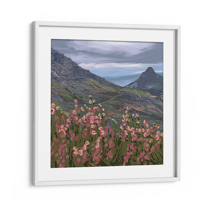 Stunning PETALS AND PEAKS III, LANDSCAPE PAINTINGS featuring vibrant flowers and majestic mountains in a white frame.