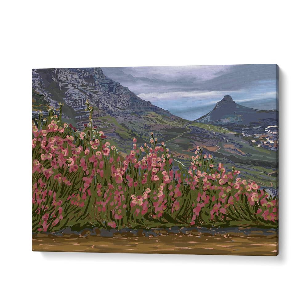 Vibrant flowers bloom in front of majestic peaks in PETALS AND PEAKS, LANDSCAPE PAINTINGS, perfect for home decor.