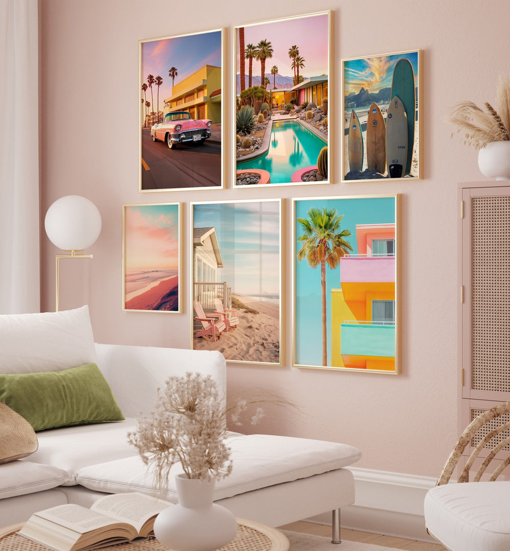 Vibrant CALIFORNIA DREAMING GALLERY WALL showcasing iconic West Coast scenes, perfect for stylish gallery walls.