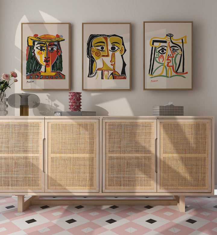Stunning PICASSO ARTWORKS SET, SET OF 3 PAINTINGS, showcasing iconic mid-century modern prints for art lovers.