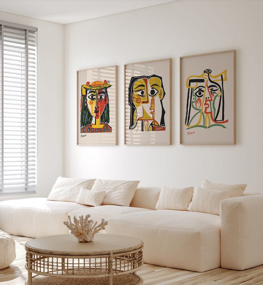 Decorate your space with the PICASSO ARTWORKS SET, SET OF 3 PAINTINGS, showcasing iconic mid-century modern art.