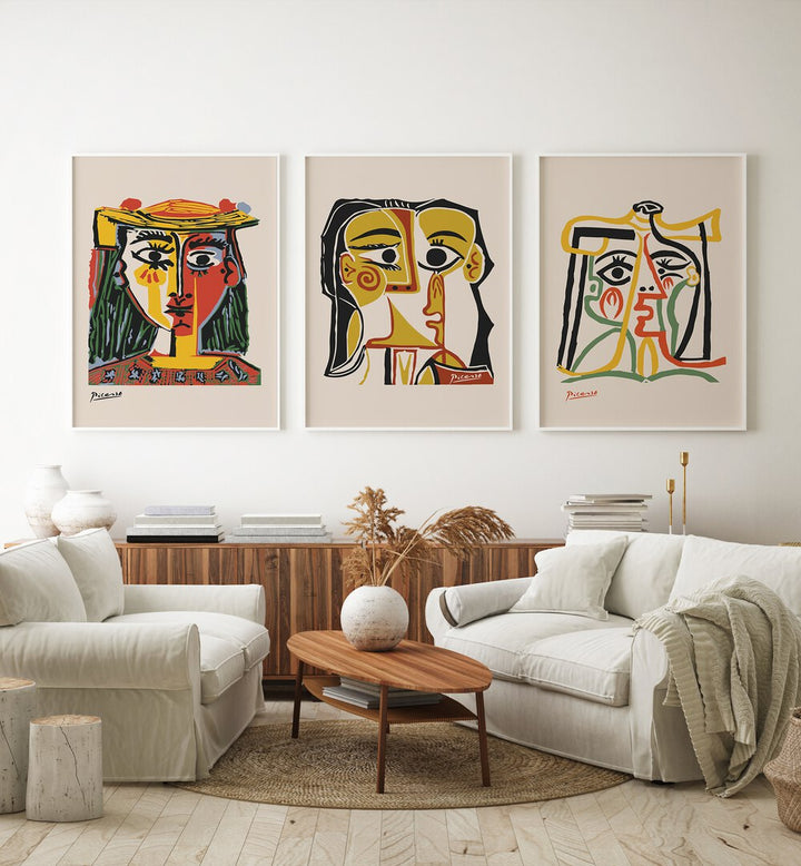 Discover the PICASSO ARTWORKS SET, SET OF 3 PAINTINGS, showcasing vibrant mid-century modern masterpieces.