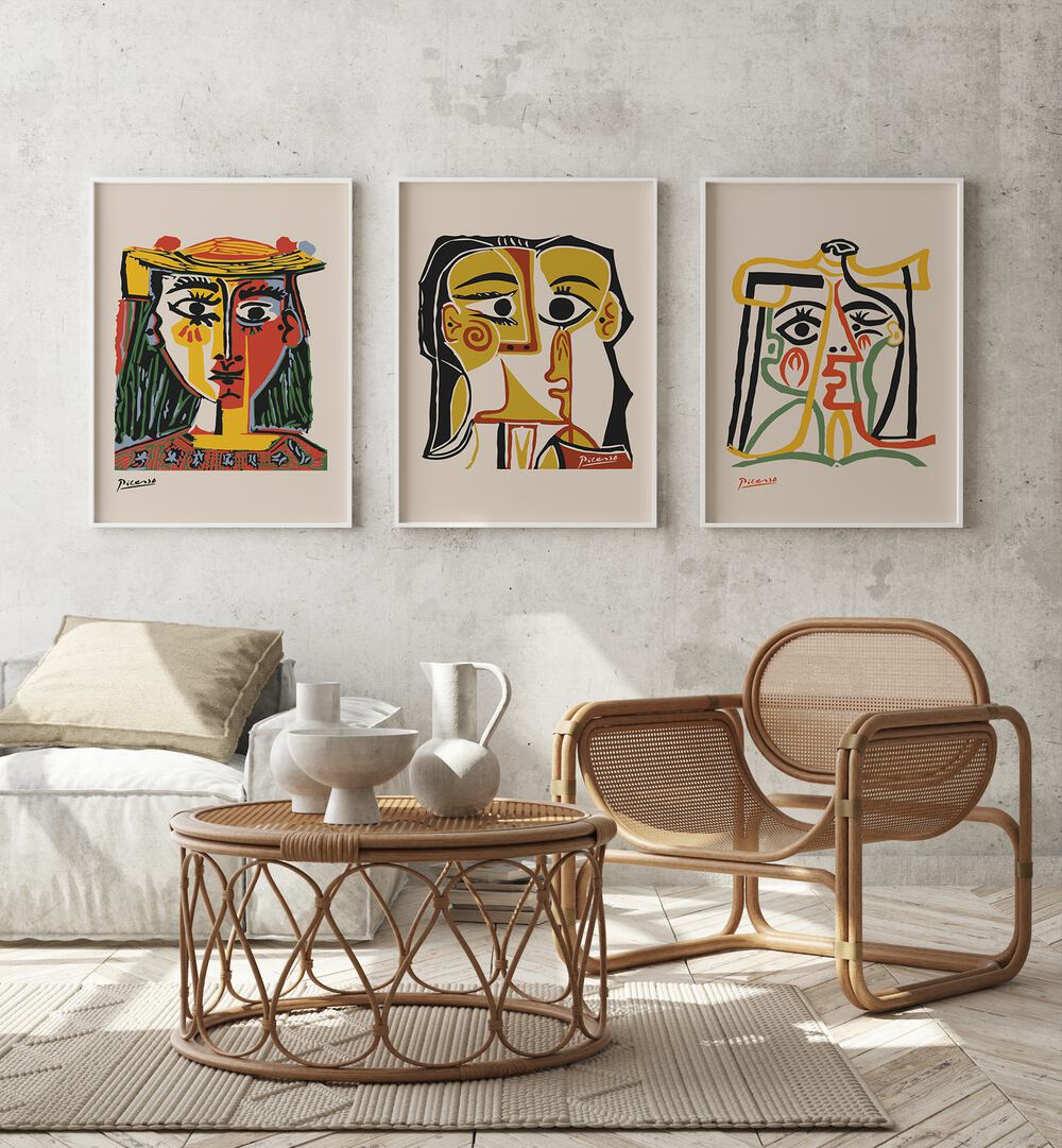 Transform your space with the PICASSO ARTWORKS SET, SET OF 3 PAINTINGS, showcasing iconic mid-century modern designs.