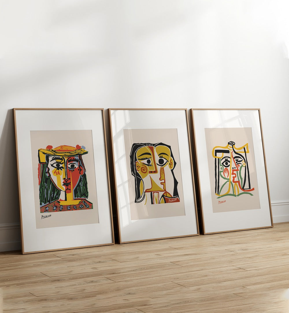 Stunning PICASSO ARTWORKS SET, SET OF 3 PAINTINGS showcasing iconic mid-century modern designs for art lovers.