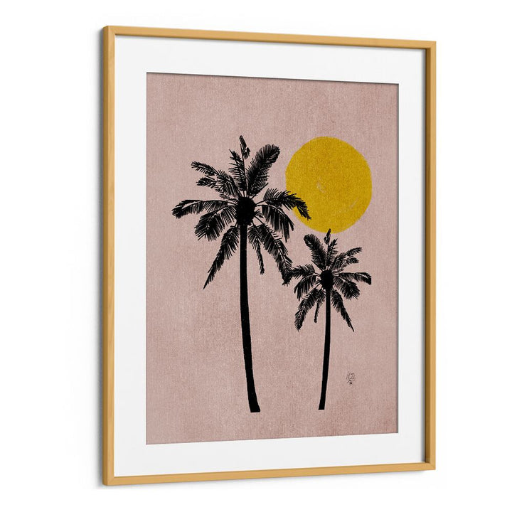 Stunning PALM TREE, LANDSCAPE PAINTINGS in a stylish oak frame, featuring a pink background and vibrant sun.