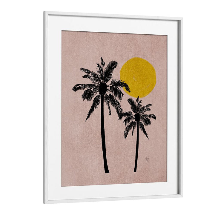 Stylish PALM TREE, LANDSCAPE PAINTINGS in a white frame, featuring a vibrant pink background and sun design.