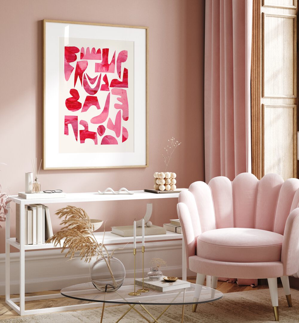 Stylish interior featuring PINK KISS PIECES, FASHION POSTERS by Ejaaz Haniff, adding artistic flair to any space.