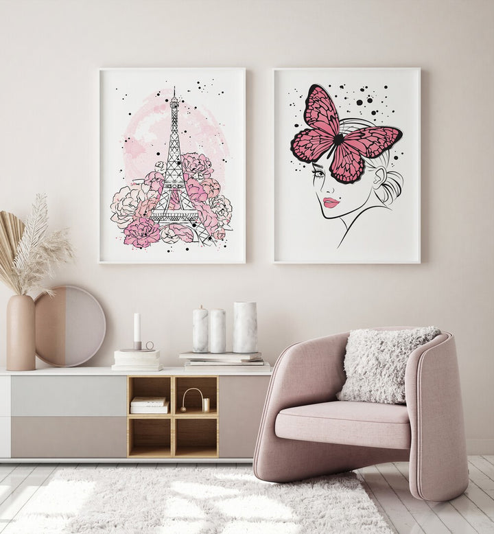 Enhance your decor with the PINK LADY SET, SET OF 2 PAINTINGS featuring elegant butterflies and the Eiffel Tower.