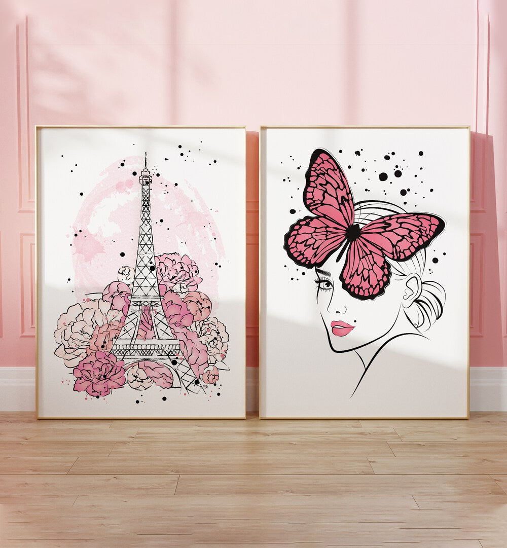 Stylish PINK LADY SET, SET OF 2 PAINTINGS featuring the Eiffel Tower and pink butterflies, perfect for home decor.