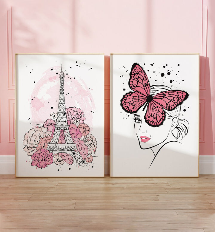 Stylish PINK LADY SET, SET OF 2 PAINTINGS featuring the Eiffel Tower and pink butterflies, perfect for home decor.