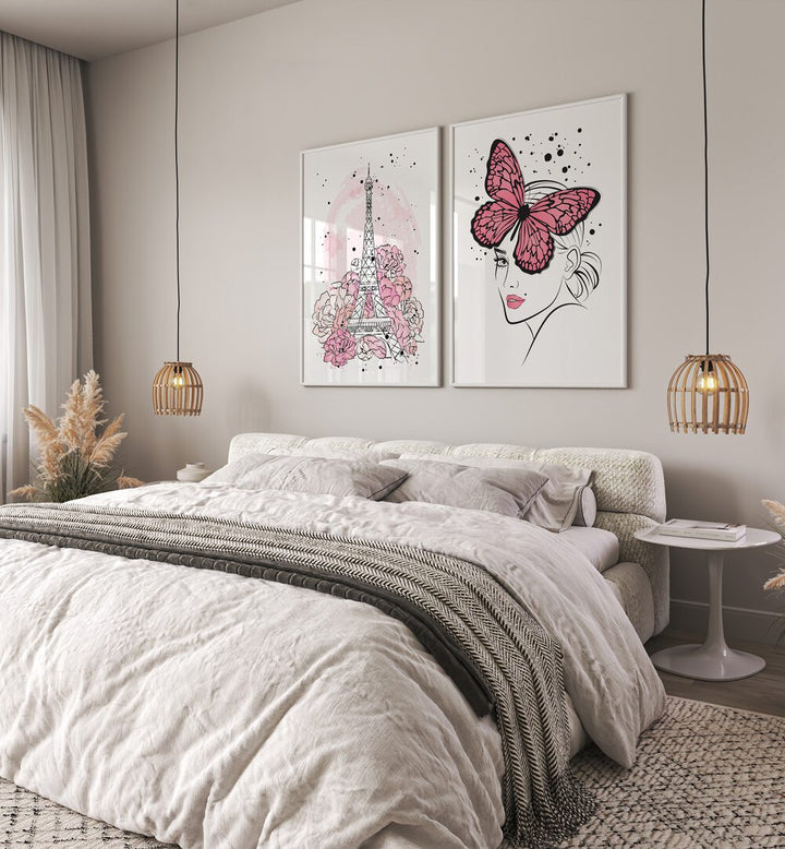 Elevate your decor with the PINK LADY SET, SET OF 2 PAINTINGS featuring the Eiffel Tower and pink butterflies.