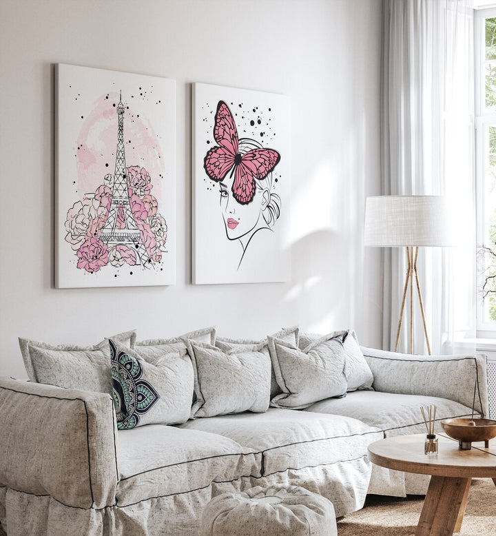 Enhance your decor with the PINK LADY SET, SET OF 2 PAINTINGS featuring elegant butterflies and the Eiffel Tower.