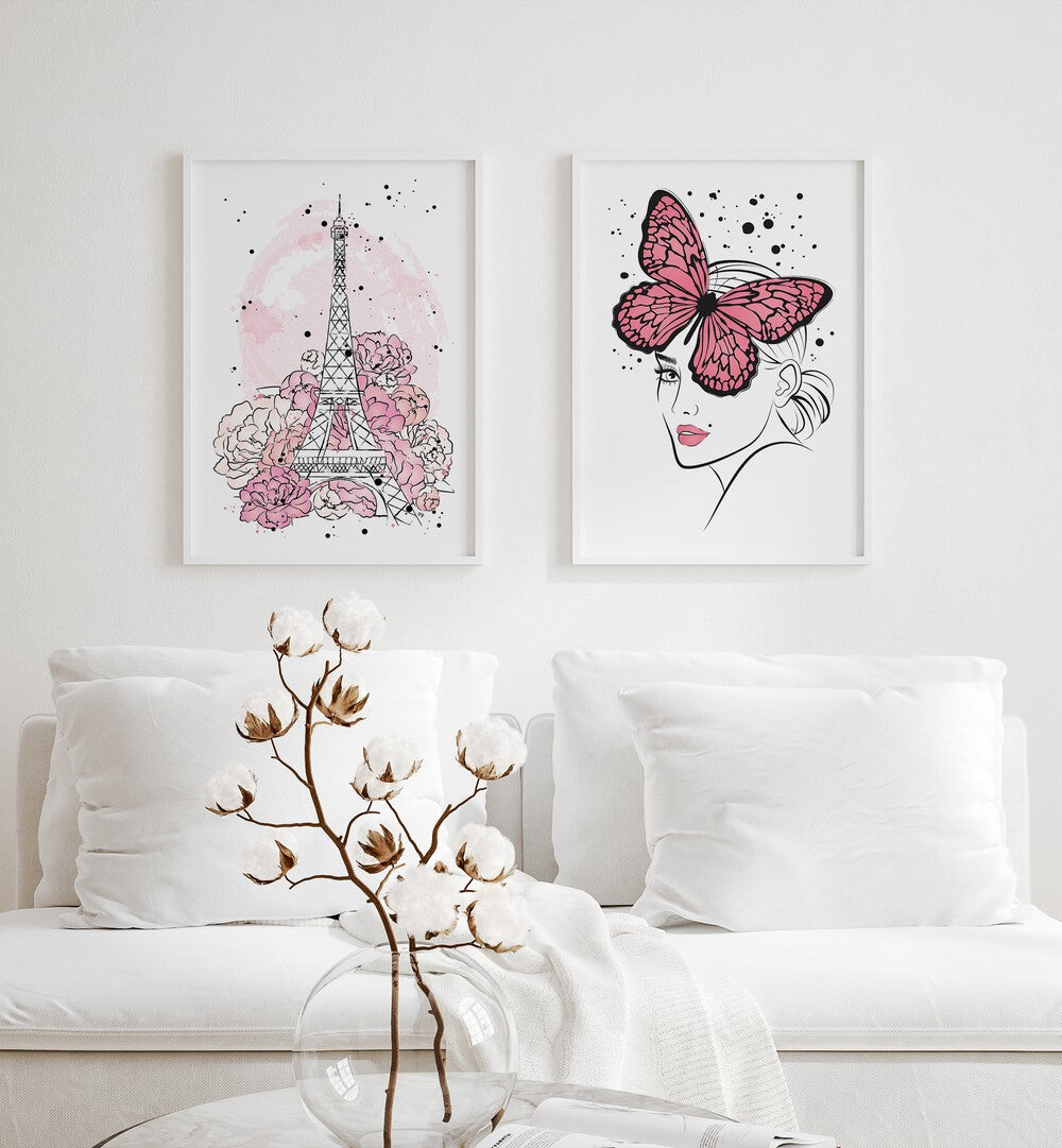 Elegant PINK LADY SET, SET OF 2 PAINTINGS featuring Eiffel Tower and pink butterflies, perfect for home decor.