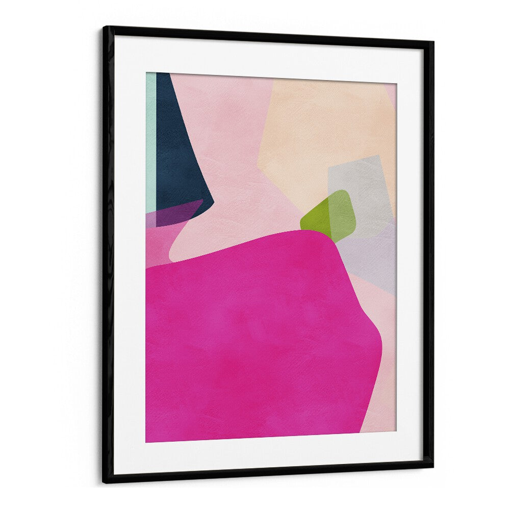 Colorful abstract painting titled "PINK PASTEL SHAPE, ABSTRACT PAINTINGS" by Ana Rut Bre in a sleek black frame.