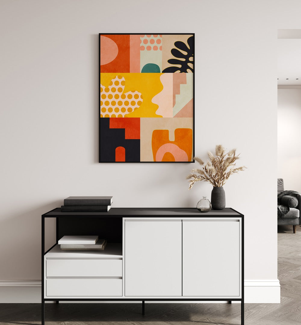 Stylish interior featuring PLAYING AROUND SHAPES IV, ABSTRACT PAINTINGS by Ana Rut Bre, enhancing modern decor.