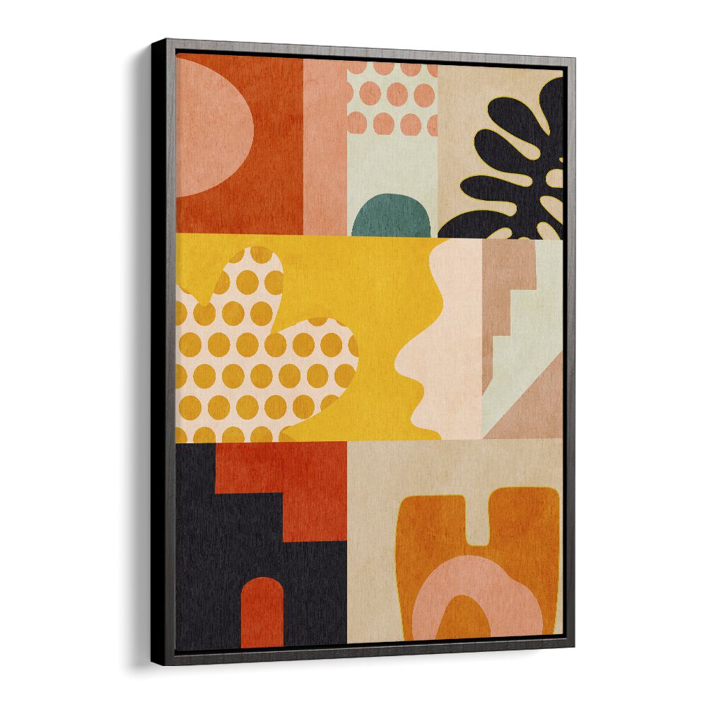 Colorful geometric design of "PLAYING AROUND SHAPES IV, ABSTRACT PAINTINGS" by Ana Rut Bre, framed and ready to enhance any space.