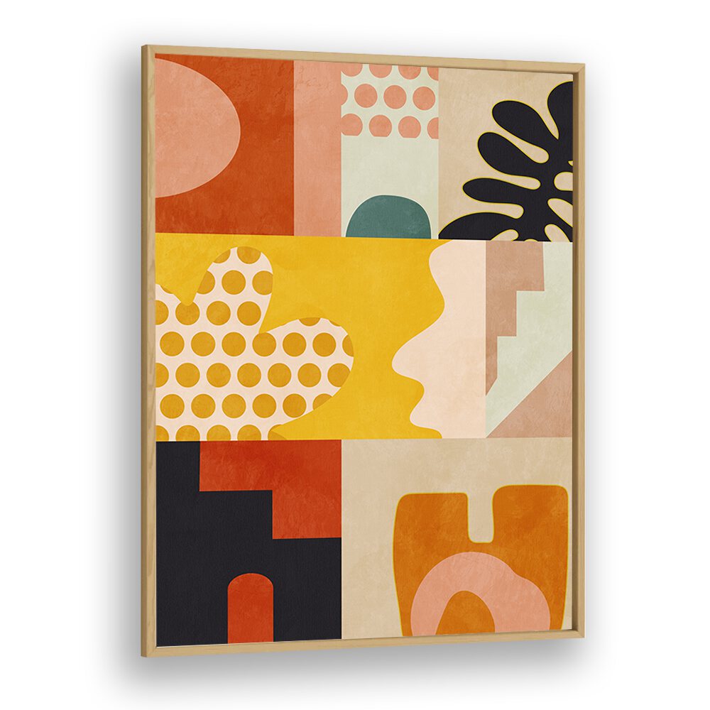 Bright and colorful "PLAYING AROUND SHAPES IV, ABSTRACT PAINTINGS" artwork by Ana Rut Bre in a wooden frame.