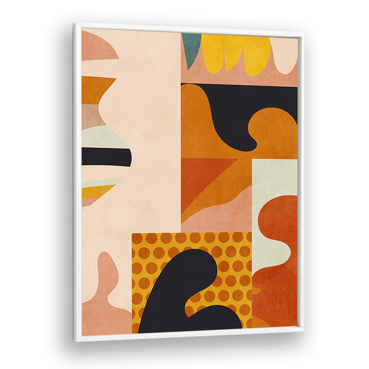 Colorful abstract design featuring curves and shapes in warm tones, showcasing PLAYING AROUND SHAPES V, ABSTRACT PAINTINGS.