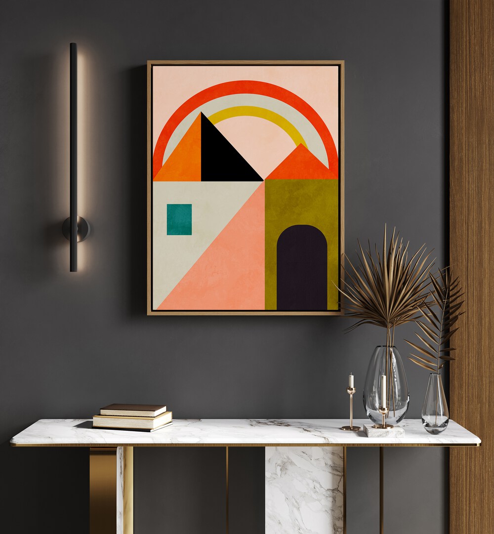 Colorful abstract painting titled "PLAYING AROUND SHAPES, ABSTRACT PAINTINGS" enhancing modern home decor elegance.