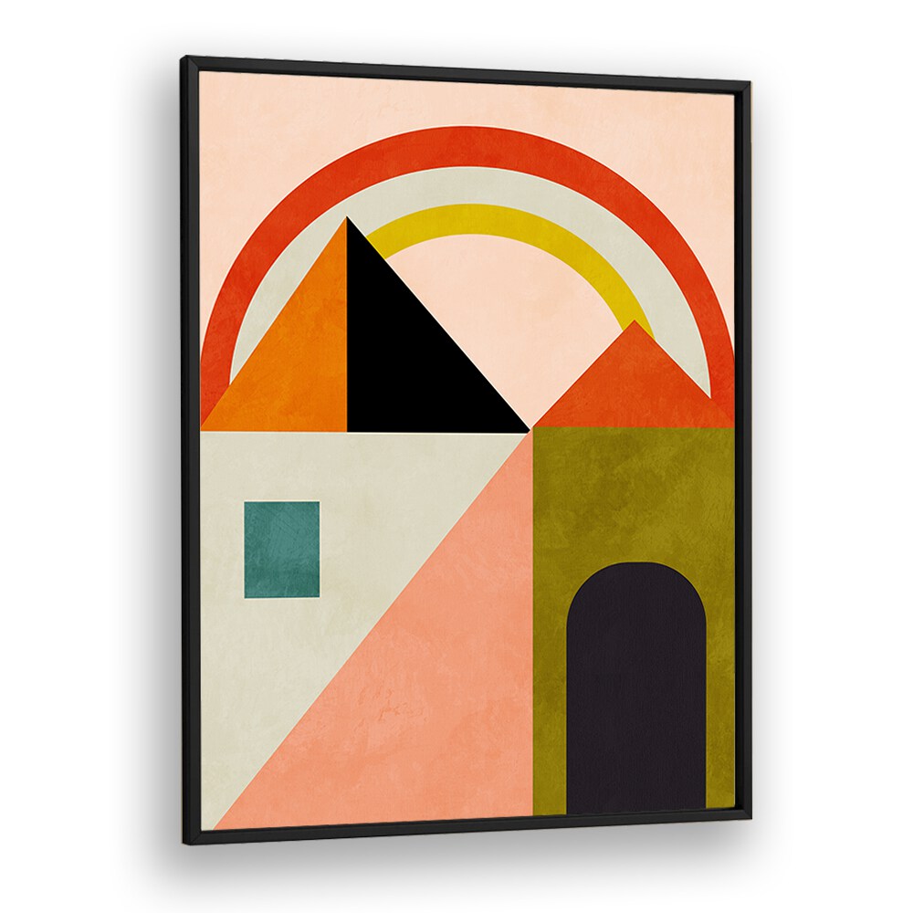 Colorful abstract painting titled "PLAYING AROUND SHAPES, ABSTRACT PAINTINGS," enhancing modern living spaces beautifully.