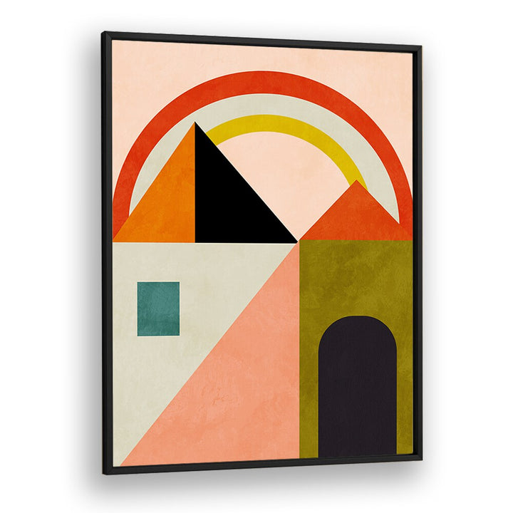 Colorful abstract painting titled "PLAYING AROUND SHAPES, ABSTRACT PAINTINGS," enhancing modern living spaces beautifully.